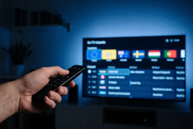 Remote control picking a country group in the TVPikoma international IPTV channel guide