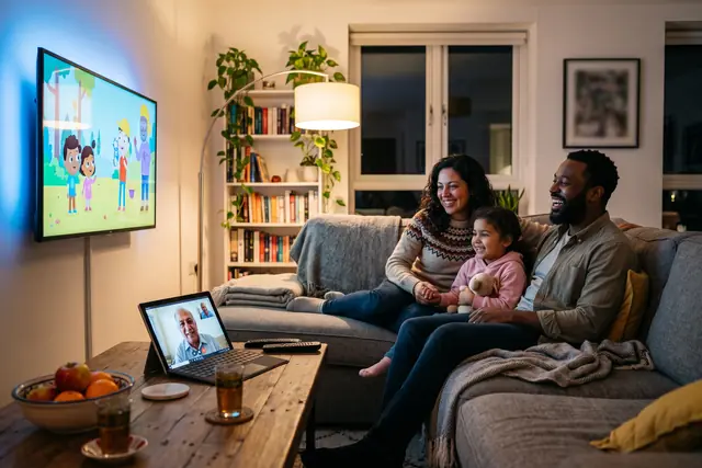 Multilingual family watching home-country channels together on a TVPikoma worldwide IPTV subscription