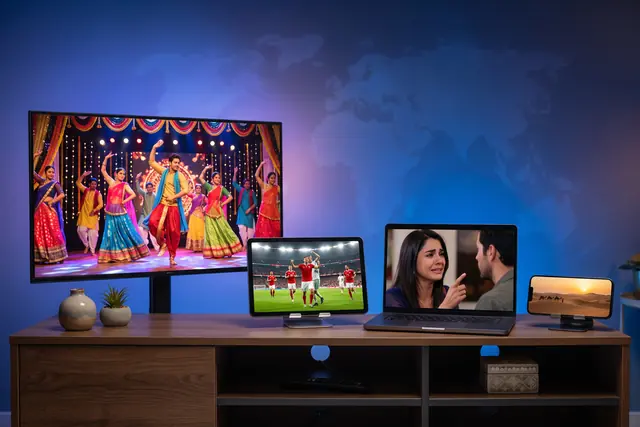 TVPikoma international IPTV subscription showing world channels across a television, tablet, laptop and mobile phone