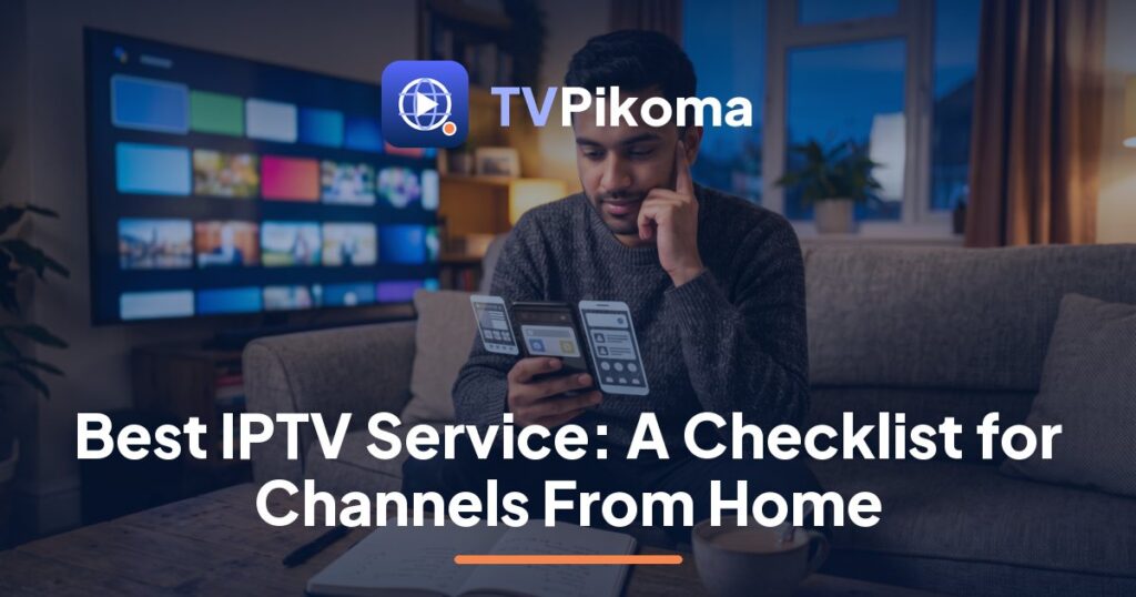 Multigenerational family comparing home-country channels while choosing the best IPTV service, a TVPikoma checklist guide