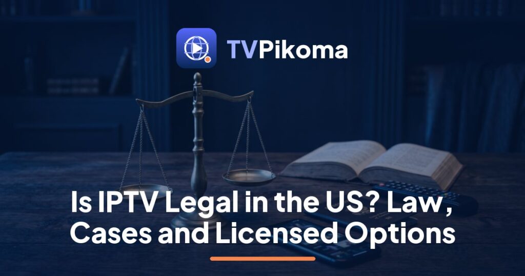 Law book, laptop and checklist on a kitchen table for the TVPikoma article on whether IPTV is legal in the US