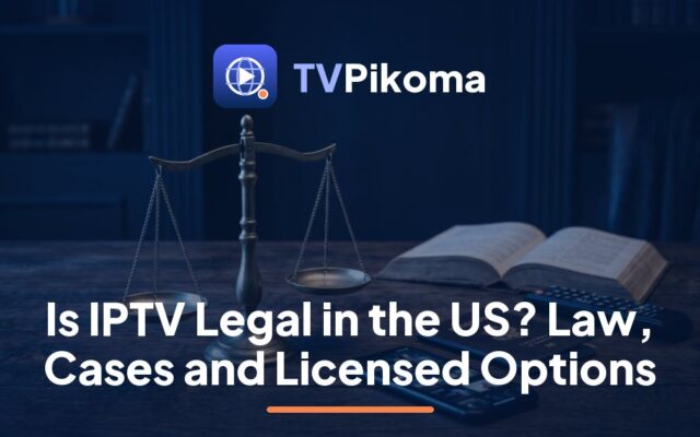 Law book, laptop and checklist on a kitchen table for the TVPikoma article on whether IPTV is legal in the US