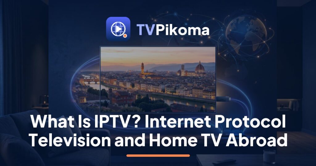 TVPikoma guide to what is IPTV: a multigenerational family abroad watching home-country news on a TV over broadband