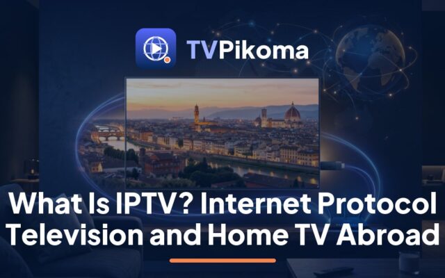 TVPikoma guide to what is IPTV: a multigenerational family abroad watching home-country news on a TV over broadband