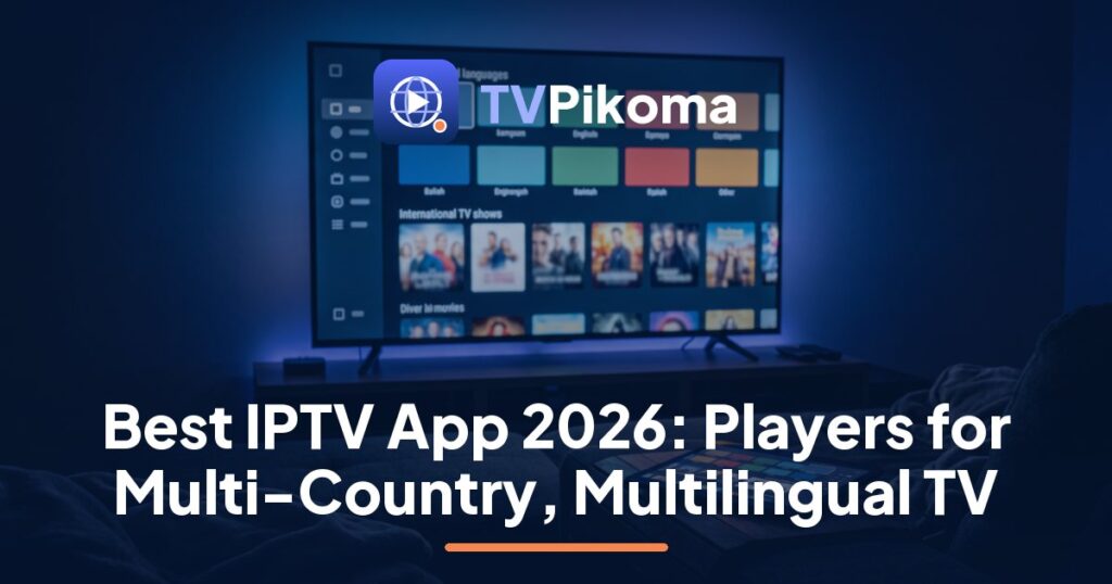 TVPikoma guide to the best IPTV app: a family browsing a multi-country channel guide on a living-room TV