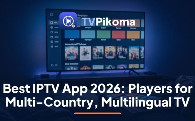 TVPikoma guide to the best IPTV app: a family browsing a multi-country channel guide on a living-room TV